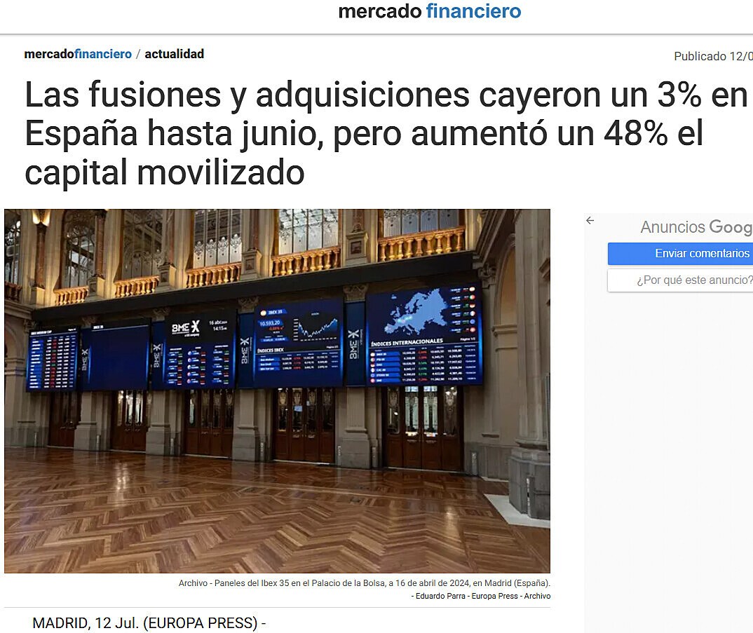 Las fusiones y adquisiciones cayeron un 3% en Espaa hasta junio, pero aument un 48% el capital movilizado